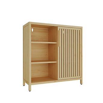 Tall Single Door Bamboo Storage Cabinet with Shelves for Living Room Bathroom and Home Spaces