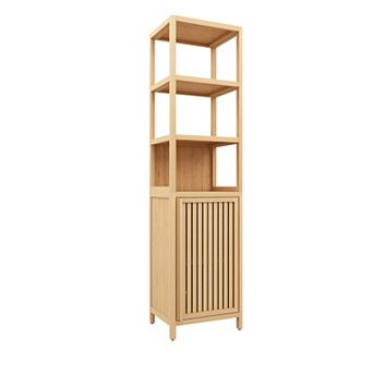 Tall Slim Bamboo Storage Cabinet with Shutter Door and 3 tier Shelves