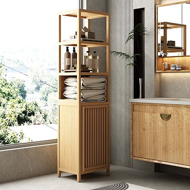 Tall Slim Bamboo Storage Cabinet with Shutter Door and 3 Tier Shelves
