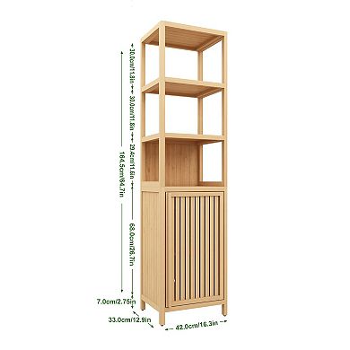 Tall Slim Bamboo Storage Cabinet with Shutter Door and 3 Tier Shelves