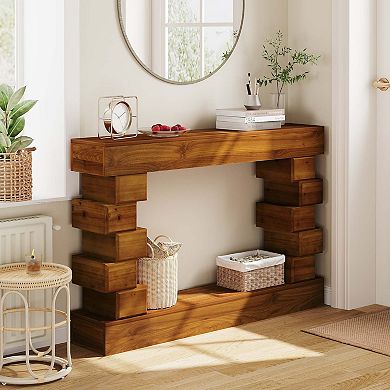 Geometric Block Stacked Wood Console Table with Warm Natural Finish for Entryway or Living Room