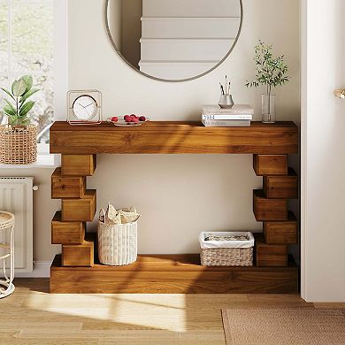Geometric Block Stacked Wood Console Table with Warm Natural Finish for Entryway or Living Room