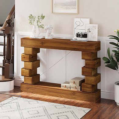 Geometric Block Stacked Wood Console Table with Warm Natural Finish for Entryway or Living Room