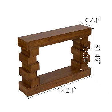 Geometric Block Stacked Wood Console Table with Warm Natural Finish for Entryway or Living Room