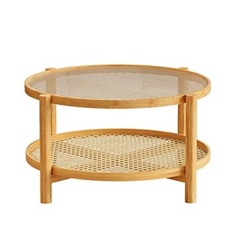 Round Bamboo Rattan Coffee Table with Glass Top and 2 tier Storage Shelf Natural