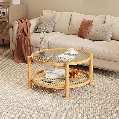 Round Bamboo Rattan Coffee Table with Glass Top and 2 Tier Storage Shelf Natural