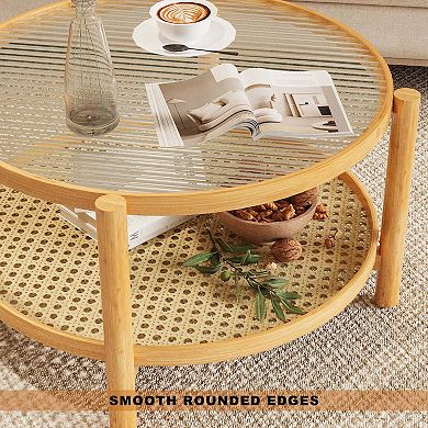 Round Bamboo Rattan Coffee Table with Glass Top and 2 Tier Storage Shelf Natural