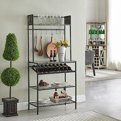 Kings Brand Furniture - Red Tile Bakers Rack with 9 Wine Bottle Capacity Rack & 8 Hooks