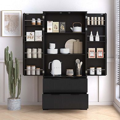 72 Inch Modern Fluted Pantry Cabinet with Drawers and Door Spice Racks