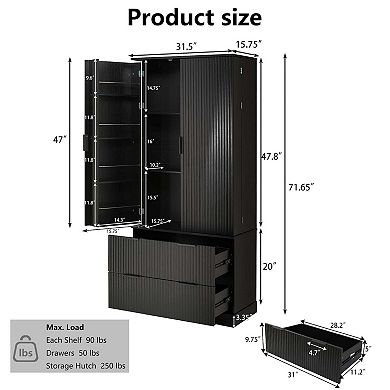 72 Inch Modern Fluted Pantry Cabinet with Drawers and Door Spice Racks