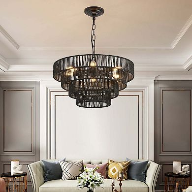 20 Inch Rustic Four Tier Hemp Rope Chandelier with Six E12 Sockets for Dining and Living Spaces