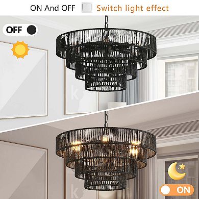 20 Inch Rustic Four Tier Hemp Rope Chandelier with Six E12 Sockets for Dining and Living Spaces