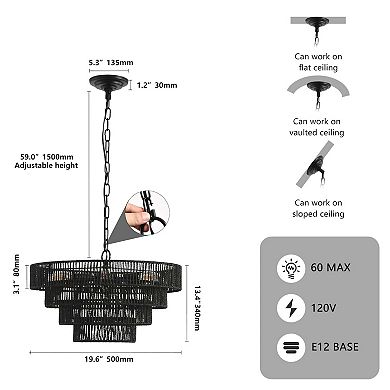 20 Inch Rustic Four Tier Hemp Rope Chandelier with Six E12 Sockets for Dining and Living Spaces