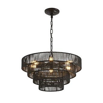 20 Inch Rustic Four Tier Hemp Rope Chandelier with Six E12 Sockets for Dining and Living Spaces