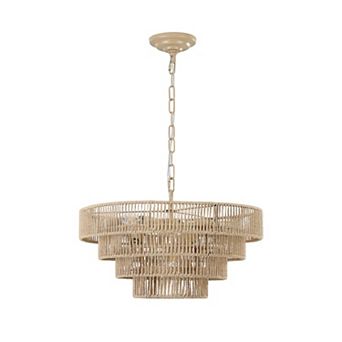 20 Inch Rustic Four Tier Hemp Rope Chandelier with Six E12 Sockets for Dining and Living Spaces