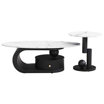 Modern Nesting Coffee Table Set of 2 with Oval and Round Tables White and Black Metal Frame