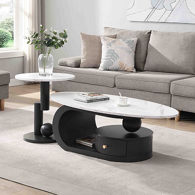 Modern Nesting Coffee Table Set of 2 with Oval and Round Tables White and Black Metal Frame