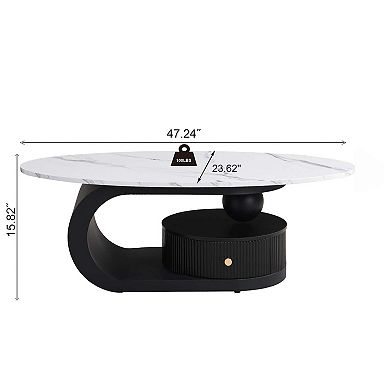 Modern Nesting Coffee Table Set of 2 with Oval and Round Tables White and Black Metal Frame