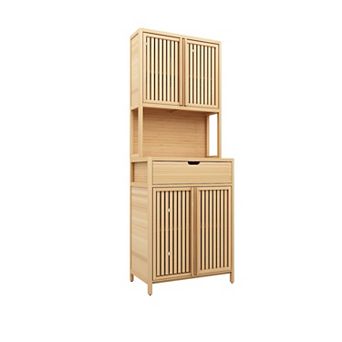 72 Inch Tall Bamboo Double Door Storage Cabinet with Shelves and Drawers