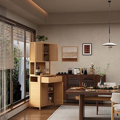 72 Inch Tall Bamboo Double Door Storage Cabinet with Shelves and Drawers