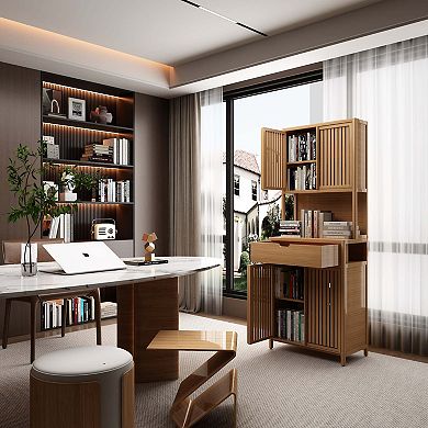 72 Inch Tall Bamboo Double Door Storage Cabinet with Shelves and Drawers