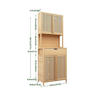 72 Inch Tall Bamboo Double Door Storage Cabinet with Shelves and Drawers