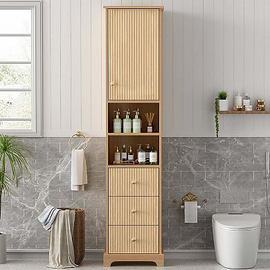 67.7 Inch Tall Bathroom Storage Cabinet with Door Drawers and Open Shelf Space Saving Design