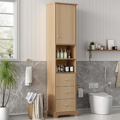 67.7 Inch Tall Bathroom Storage Cabinet with Door Drawers and Open Shelf Space Saving Design