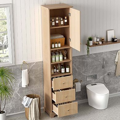 67.7 Inch Tall Bathroom Storage Cabinet with Door Drawers and Open Shelf Space Saving Design