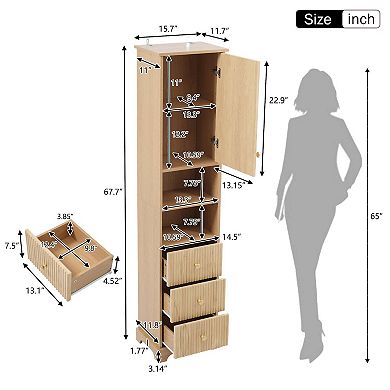 67.7 Inch Tall Bathroom Storage Cabinet with Door Drawers and Open Shelf Space Saving Design