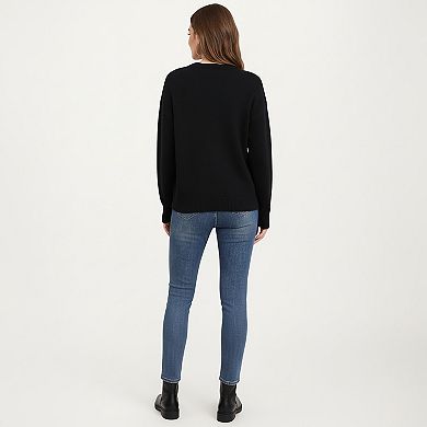 Women's Cherry Graphic Fuzzy Knit Sweater with Textured Soft Feel Ribbed Crew Neckline