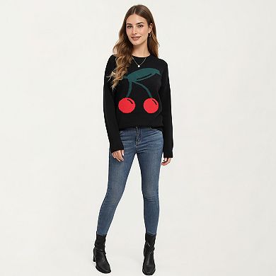 Women's Cherry Graphic Fuzzy Knit Sweater with Textured Soft Feel Ribbed Crew Neckline