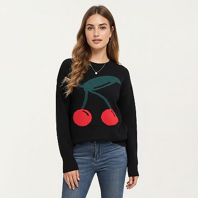 Women's Cherry Graphic Fuzzy Knit Sweater with Textured Soft Feel Ribbed Crew Neckline