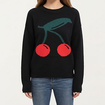Women's Cherry Graphic Fuzzy Knit Sweater with Textured Soft Feel Ribbed Crew Neckline