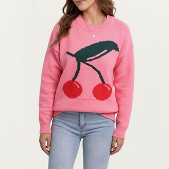Women's Cherry Graphic Fuzzy Knit Sweater with Textured Soft Feel Ribbed Crew Neckline