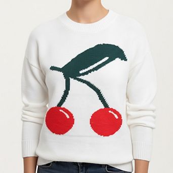 Women's Cherry Graphic Fuzzy Knit Sweater with Textured Soft Feel Ribbed Crew Neckline