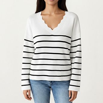 Women's Long Sleeve Striped Knit Top with Scalloped V-Neckline and Soft Textured Fabric