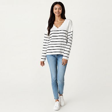 Women's Long Sleeve Striped Knit Top with Scalloped V-Neckline and Soft Textured Fabric