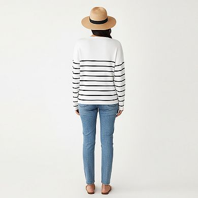 Women's Long Sleeve Striped Knit Top with Scalloped V-Neckline and Soft Textured Fabric
