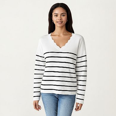 Women's Long Sleeve Striped Knit Top with Scalloped V-Neckline and Soft Textured Fabric