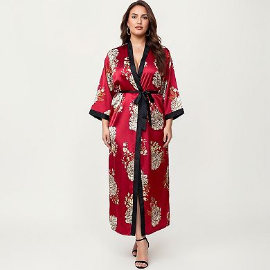 Women's PLus Size Floral Satin Long Robe with Contrast Trim and Wrap Front Silhouette