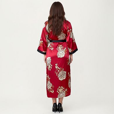 Women's PLus Size Floral Satin Long Robe with Contrast Trim and Wrap Front Silhouette