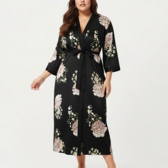 Women's PLus Size Floral Satin Long Robe with Contrast Trim and Wrap Front Silhouette