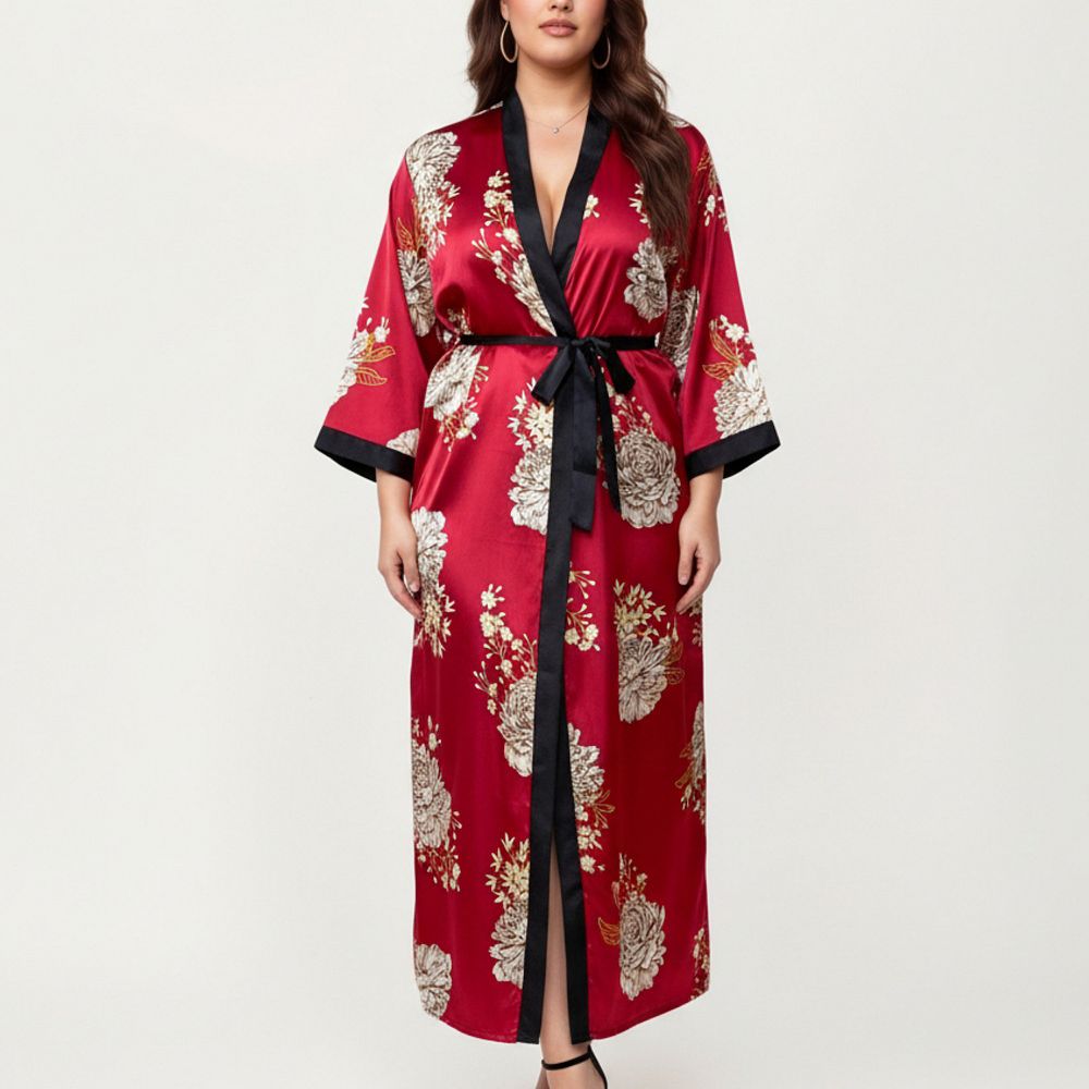 Women's PLus Size Floral Satin Long Robe with Contrast Trim and