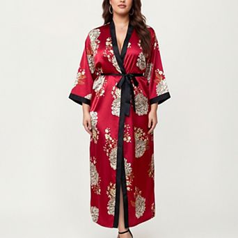 Women's PLus Size Floral Satin Long Robe with Contrast Trim and Wrap Front Silhouette