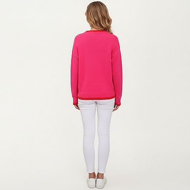 Women's Strawberry Graphic Knit Sweater with Cute Fruit Design Ribbed Crew Neckline