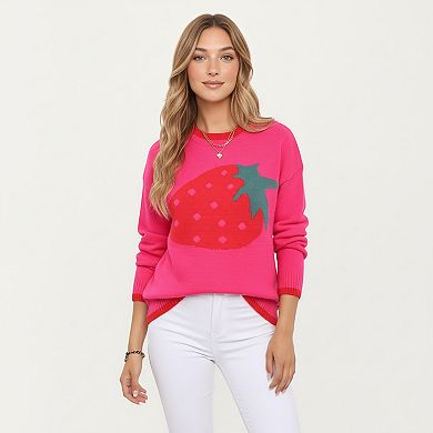 Women's Strawberry Graphic Knit Sweater with Cute Fruit Design Ribbed Crew Neckline