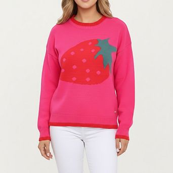 Women's Strawberry Graphic Knit Sweater with Cute Fruit Design Ribbed Crew Neckline