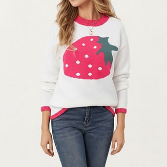 Women's Strawberry Graphic Knit Sweater with Cute Fruit Design Ribbed Crew Neckline