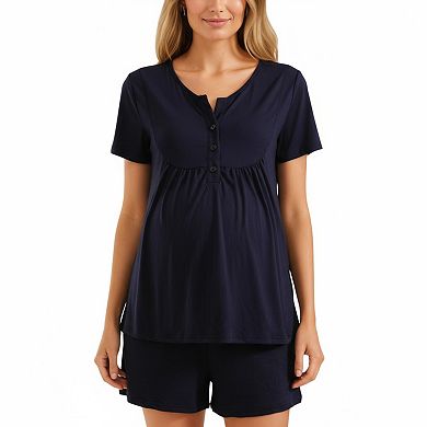Women's 2-Piece Maternity Pajama Set with Short Sleeve Henley Top and Stretch Shorts